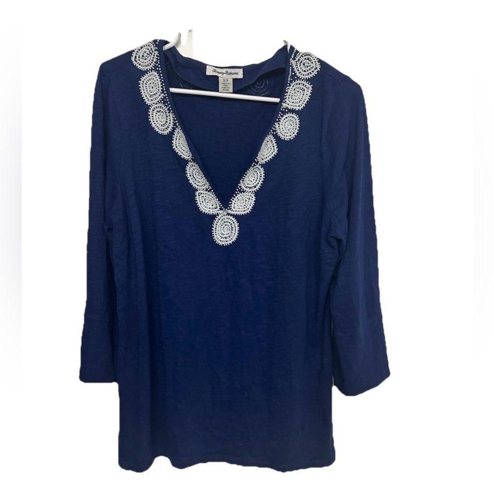 Tommy Bahama Navy Tunic Top Beaded Embroidery Small Petite | Send Offer